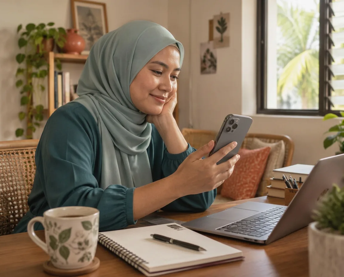 A Malaysian freelancer checking a client chat on her phone at home
