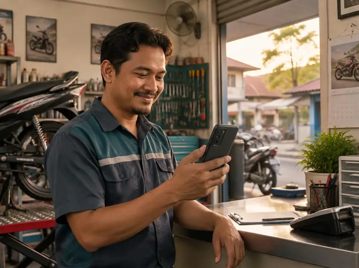 A Malaysian workshop owner checking a payment notification